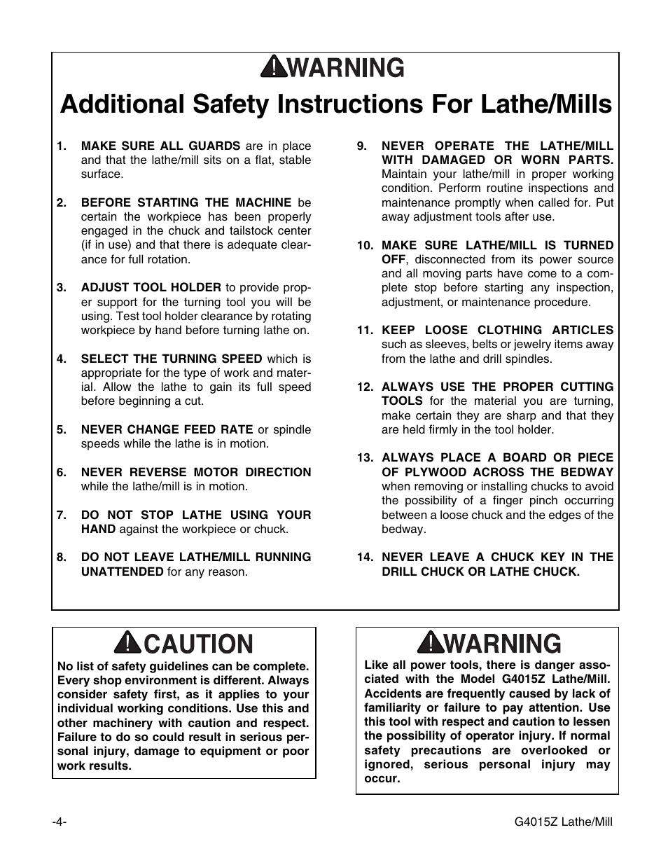 Additional safety instructions for lathe/mills | Grizzly G4015Z User Manual | Page 6 / 62