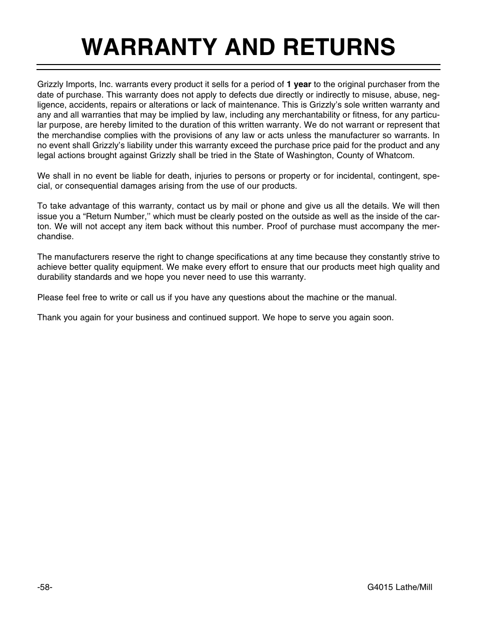 Warranty and returns | Grizzly G4015Z User Manual | Page 60 / 62