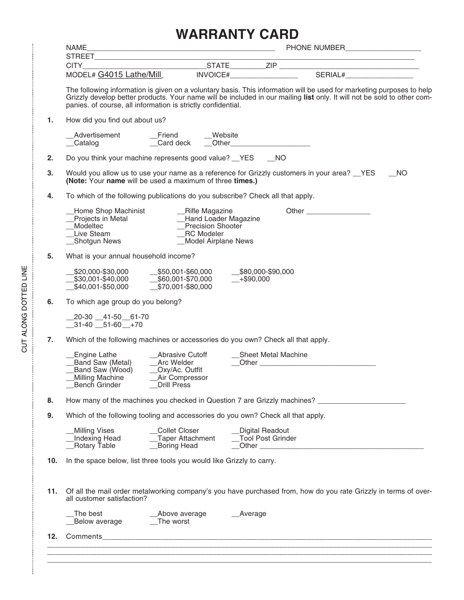 Warranty card | Grizzly G4015Z User Manual | Page 61 / 62