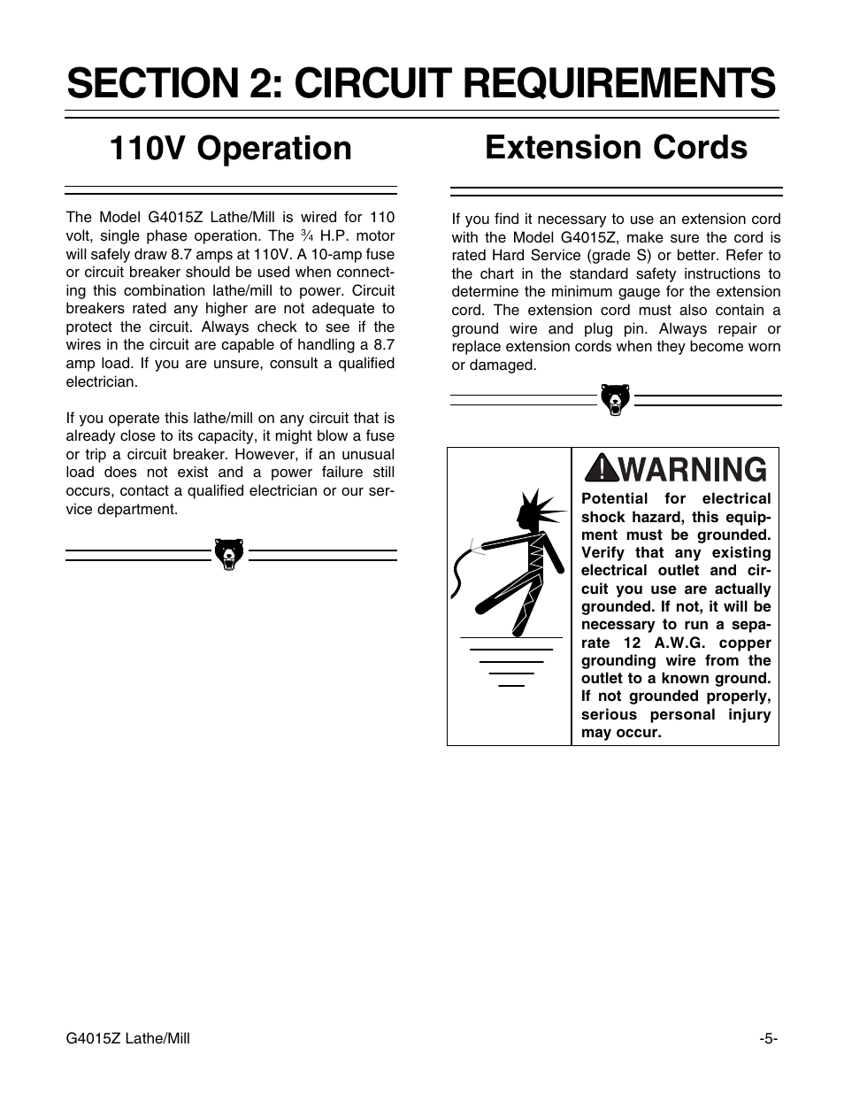 110v operation, Extension cords | Grizzly G4015Z User Manual | Page 7 / 62