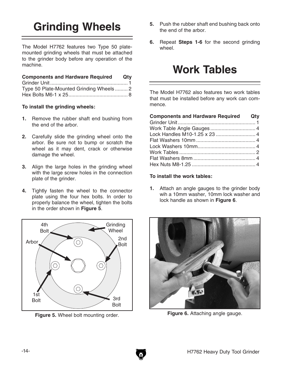 Grinding wheels, Work tables | Grizzly H7762 User Manual | Page 16 / 32