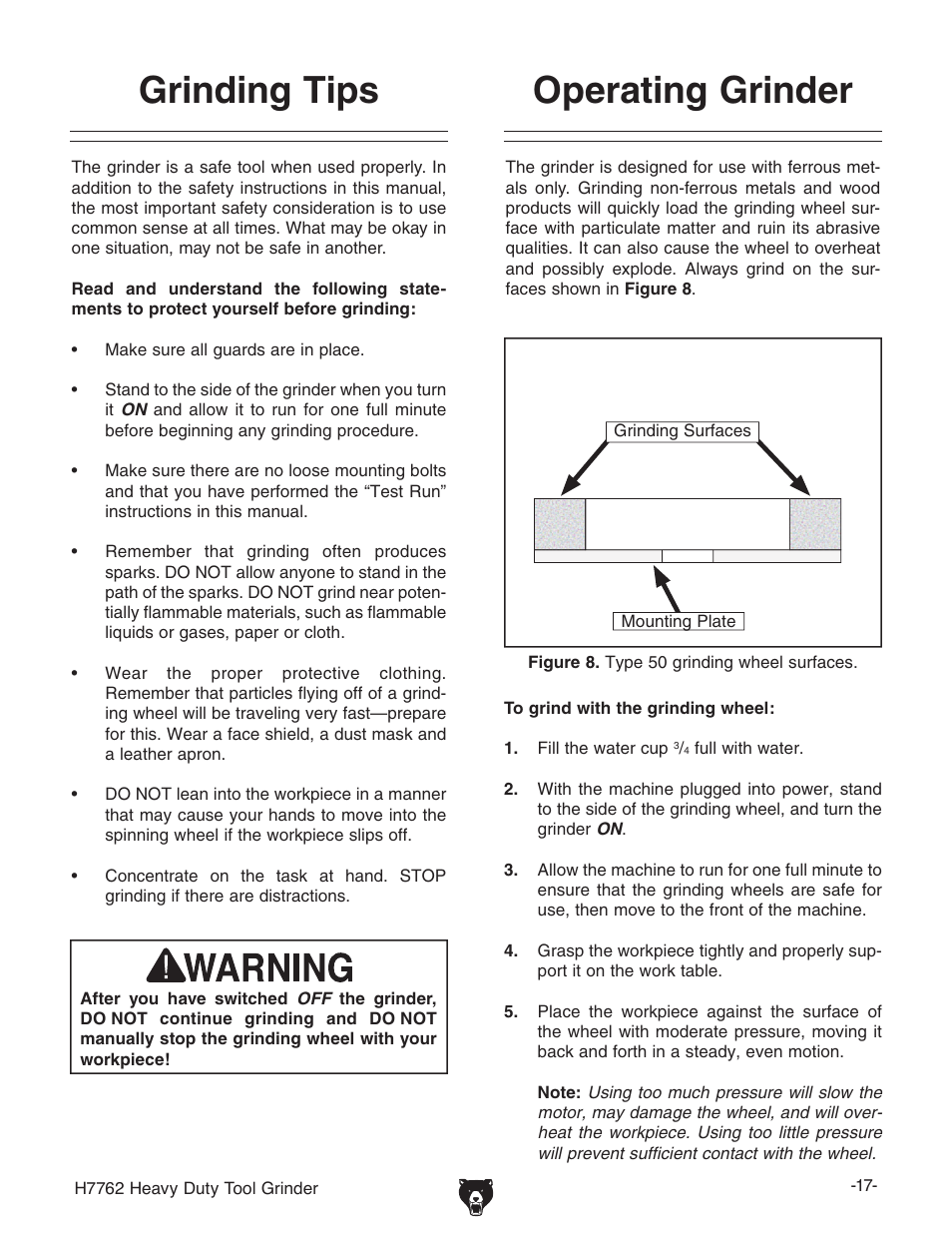 Grinding tips operating grinder | Grizzly H7762 User Manual | Page 19 / 32