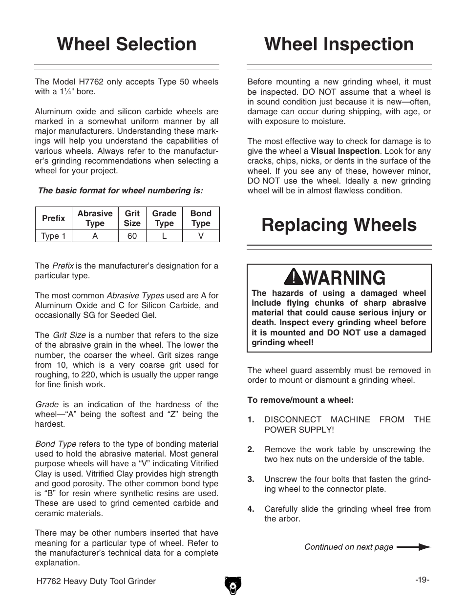 Wheel inspection, Wheel selection, Replacing wheels | Grizzly H7762 User Manual | Page 21 / 32