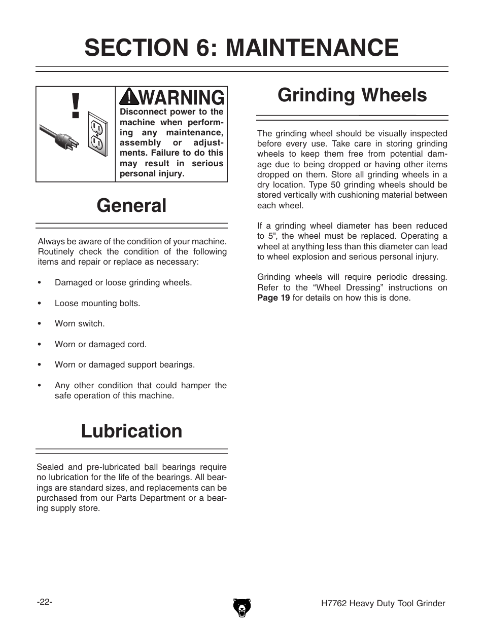 Grinding wheels, General, Lubrication | Grizzly H7762 User Manual | Page 24 / 32