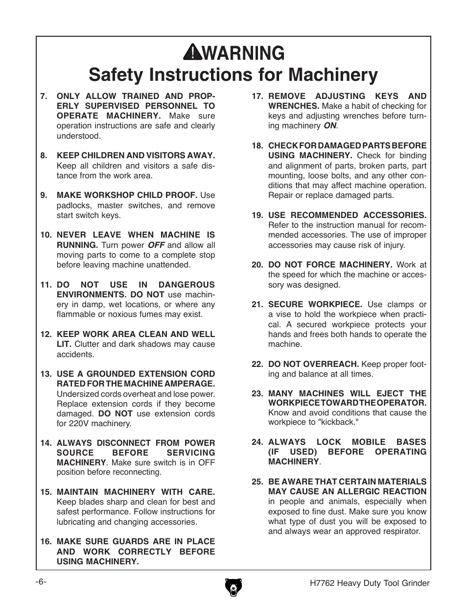Safety instructions for machinery | Grizzly H7762 User Manual | Page 8 / 32