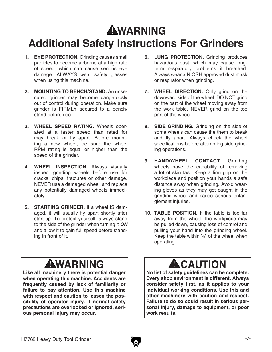 Additional safety instructions for grinders | Grizzly H7762 User Manual | Page 9 / 32