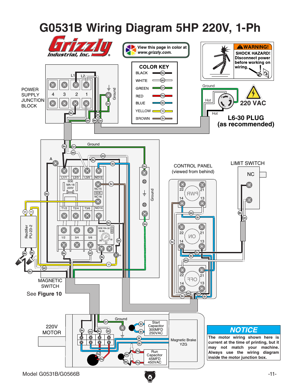 L6-30 plug (as recommended), 220 vac, See figure 10 | Grizzly G0566B User Manual | Page 11 / 20