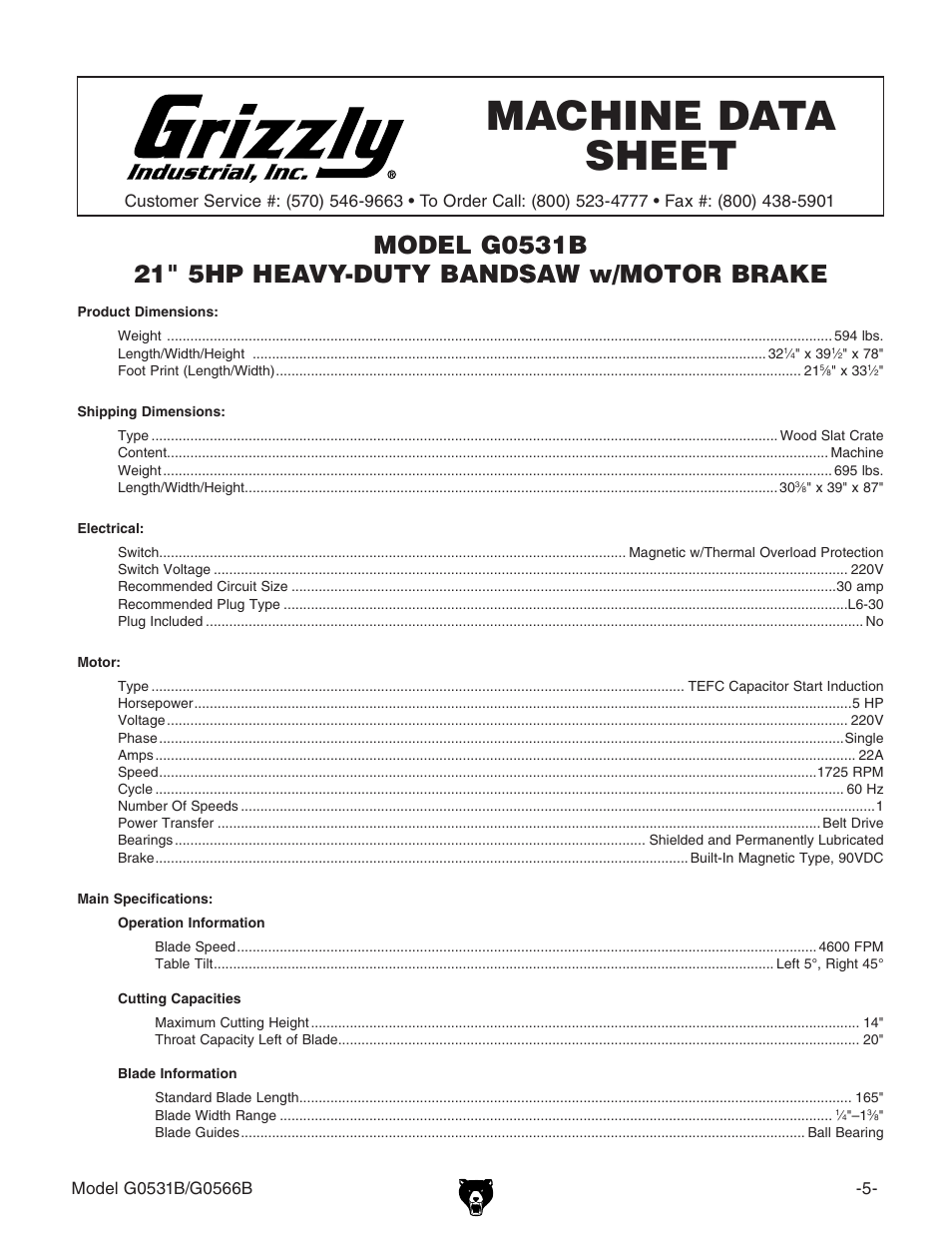Machine data sheet | Grizzly G0566B User Manual | Page 5 / 20