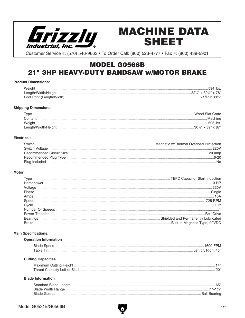 Machine data sheet | Grizzly G0566B User Manual | Page 7 / 20