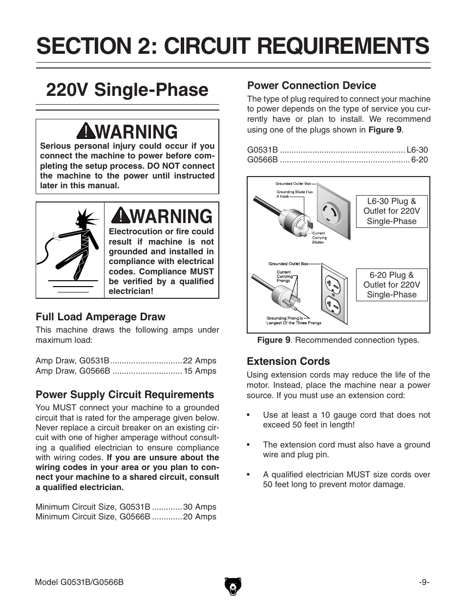 220v single-phase | Grizzly G0566B User Manual | Page 9 / 20