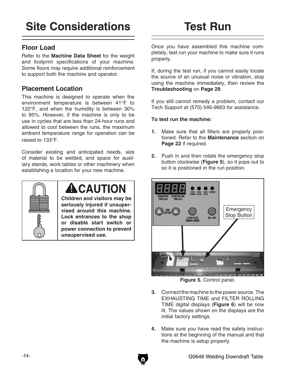 Test run, Site considerations | Grizzly G0649 User Manual | Page 16 / 36
