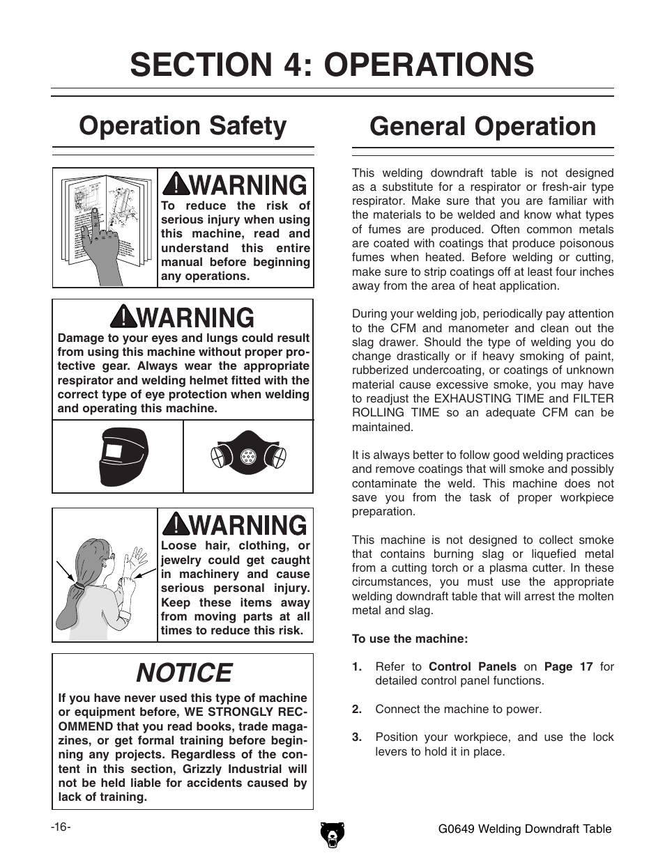 General operation, Operation safety notice | Grizzly G0649 User Manual | Page 18 / 36