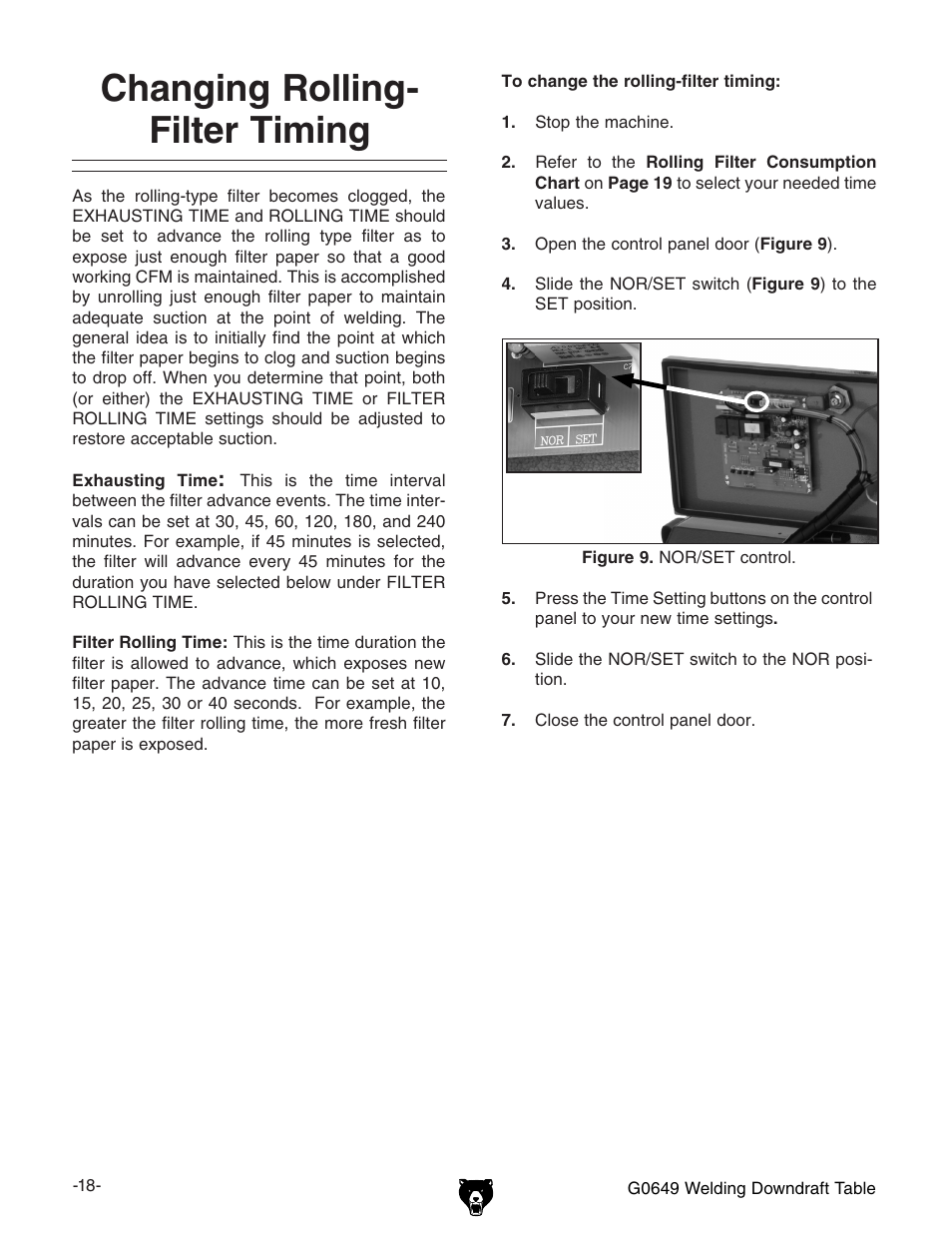 Changing rolling- filter timing | Grizzly G0649 User Manual | Page 20 / 36