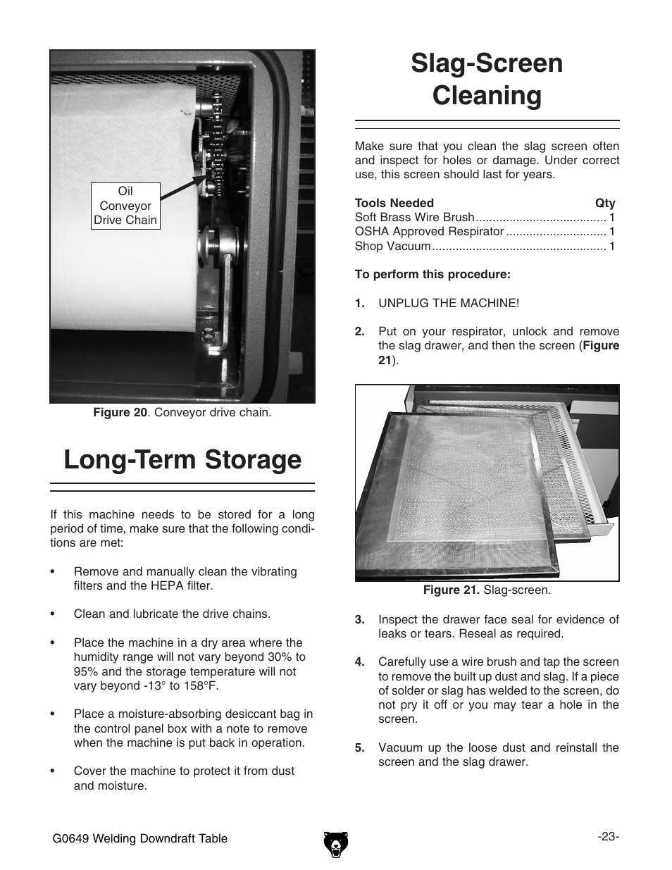 Long-term storage slag-screen cleaning | Grizzly G0649 User Manual | Page 25 / 36