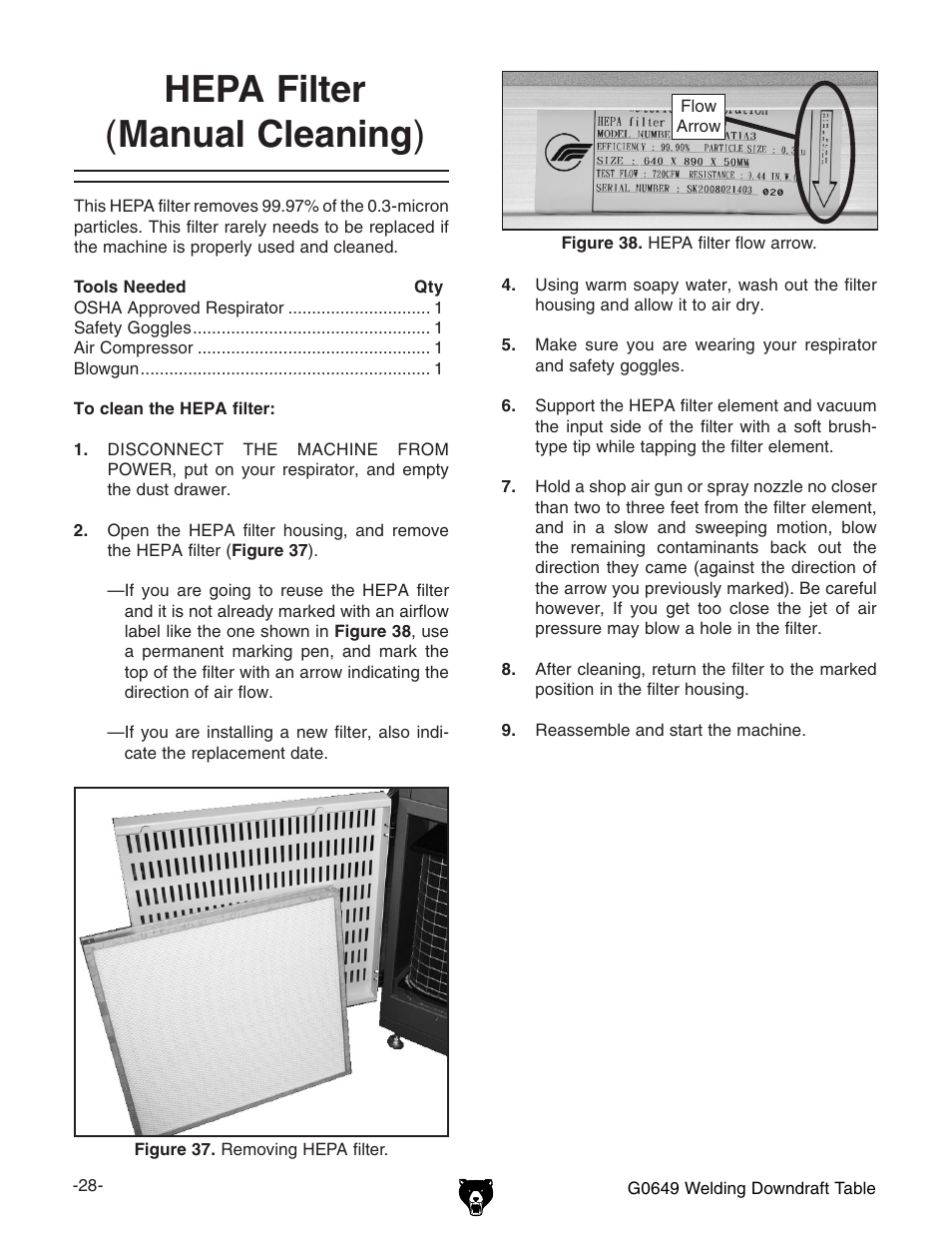 Hepa filter ( manual cleaning ) | Grizzly G0649 User Manual | Page 30 / 36