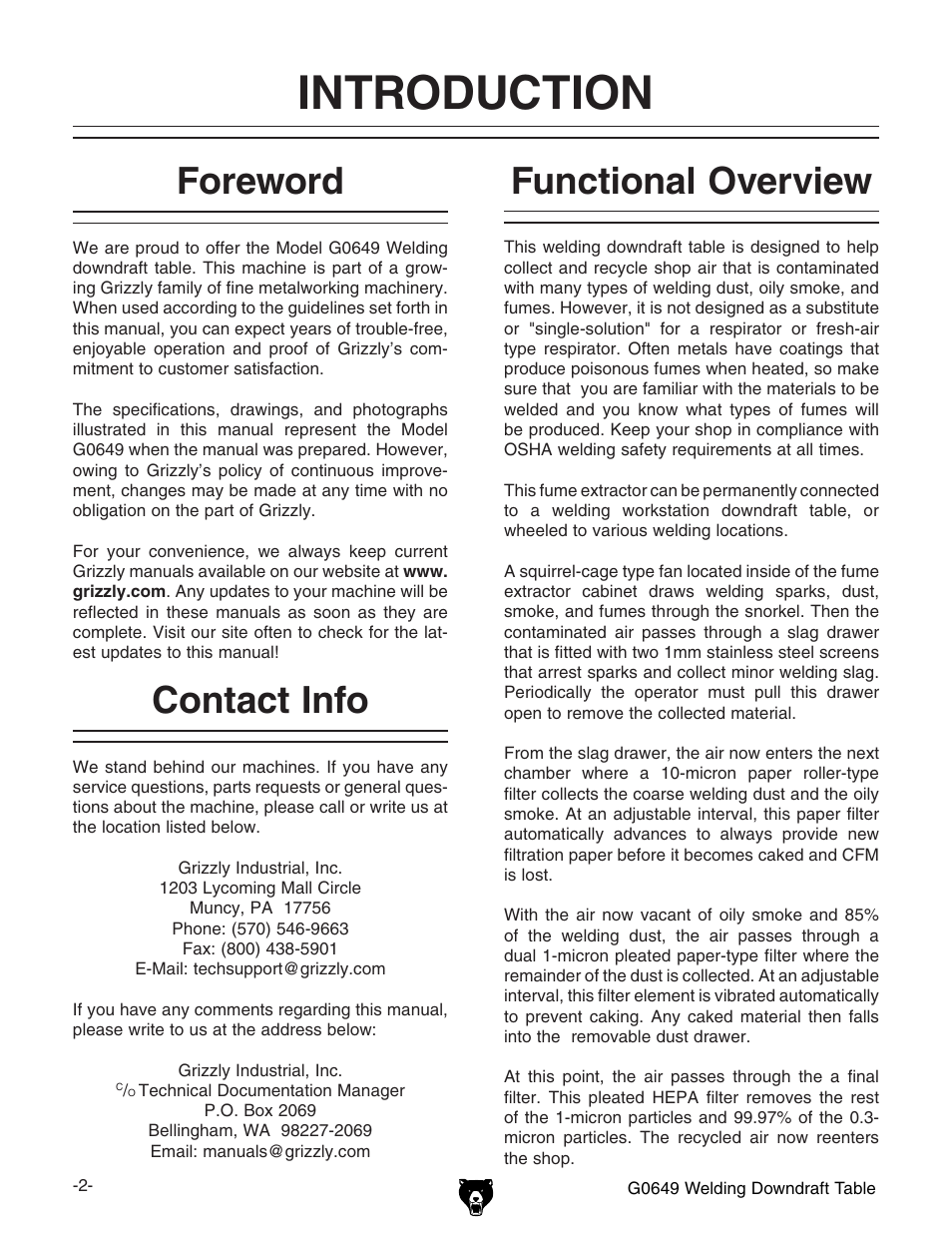 Introduction, Foreword, Functional overview | Contact info | Grizzly G0649 User Manual | Page 4 / 36