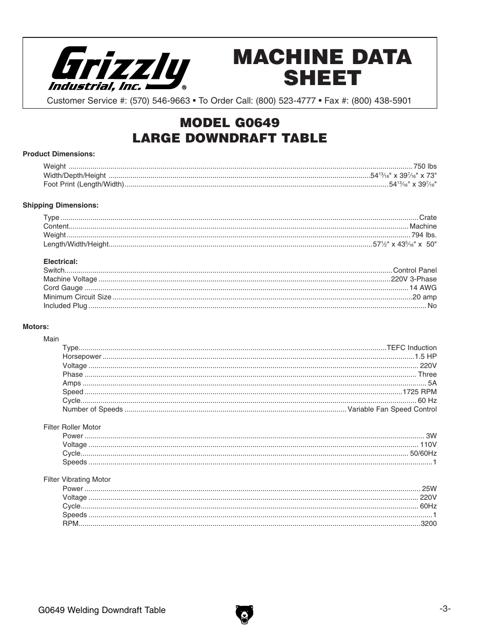 Machine data sheet, Model g0649 large downdraft table | Grizzly G0649 User Manual | Page 5 / 36