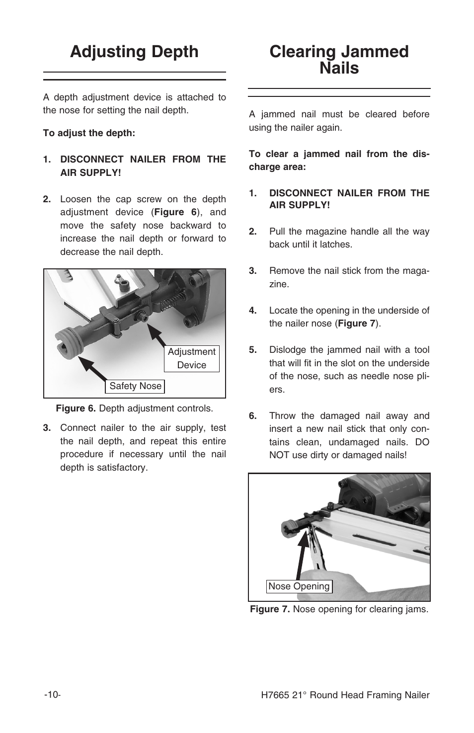 Clearing jammed nails, Adjusting depth | Grizzly H7665 User Manual | Page 12 / 20