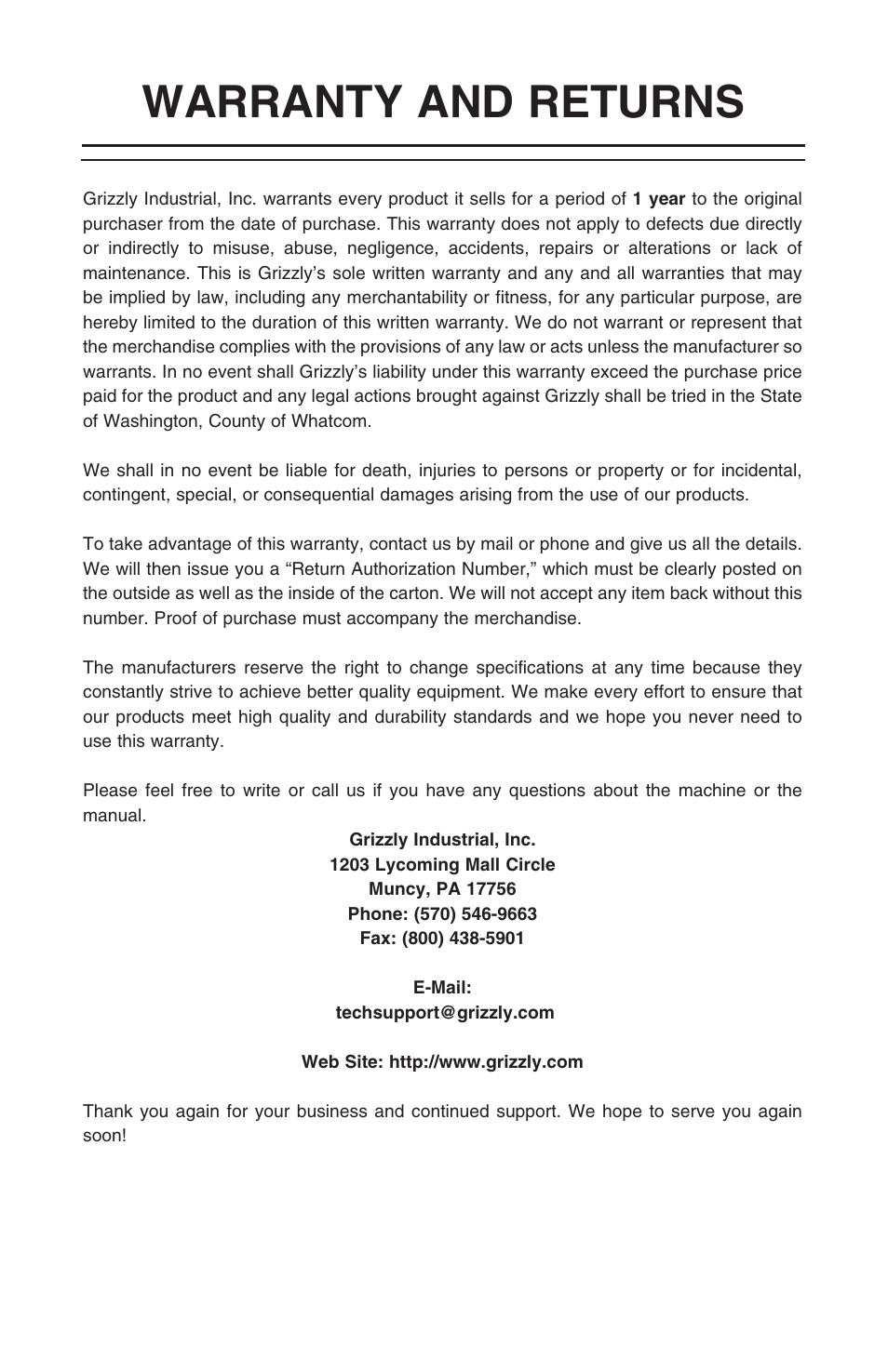 Warranty and returns | Grizzly H7665 User Manual | Page 18 / 20