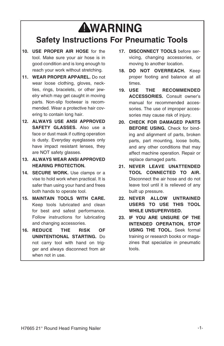 Safety instructions for pneumatic tools | Grizzly H7665 User Manual | Page 3 / 20