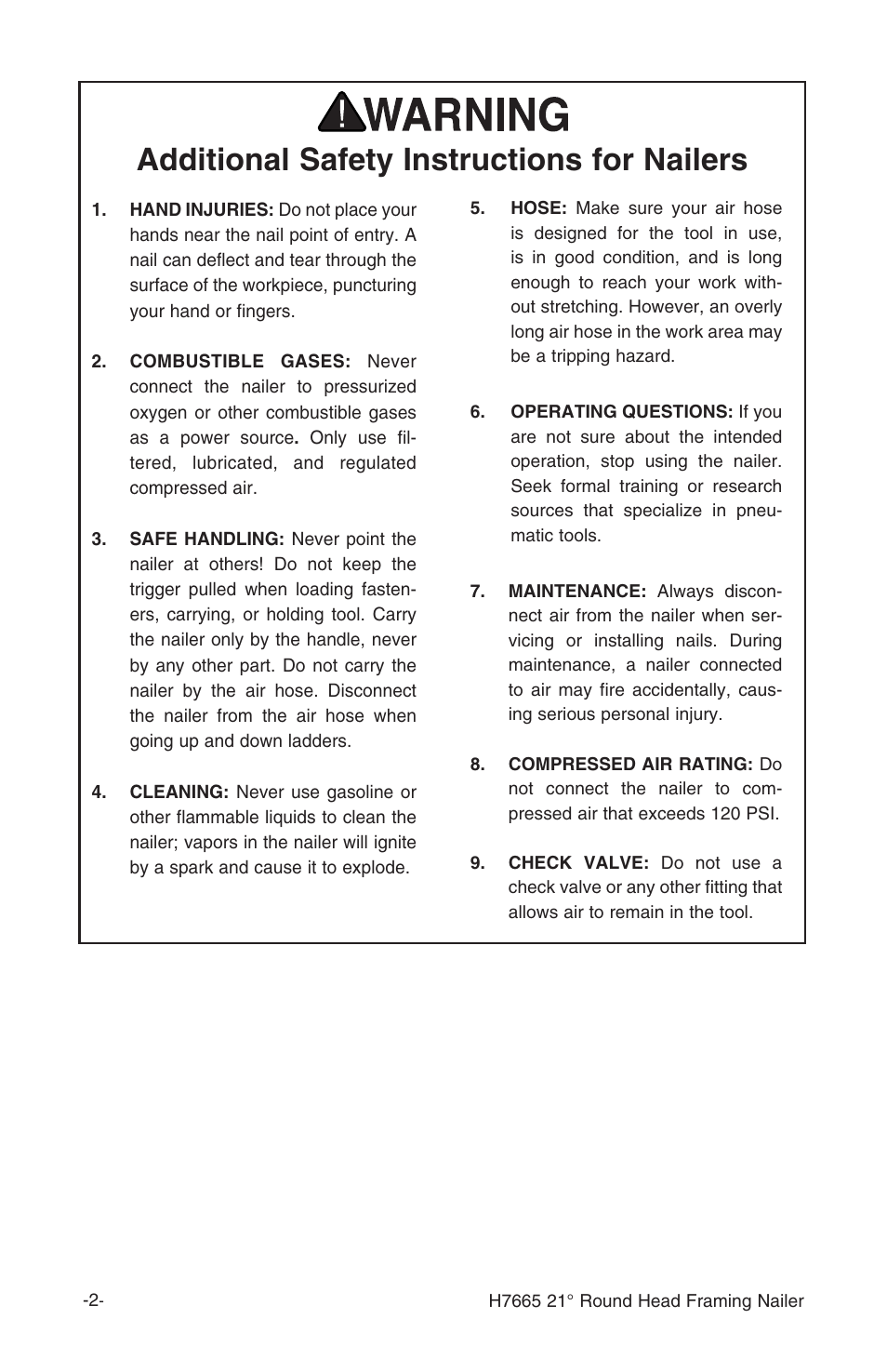 Additional safety instructions for nailers | Grizzly H7665 User Manual | Page 4 / 20