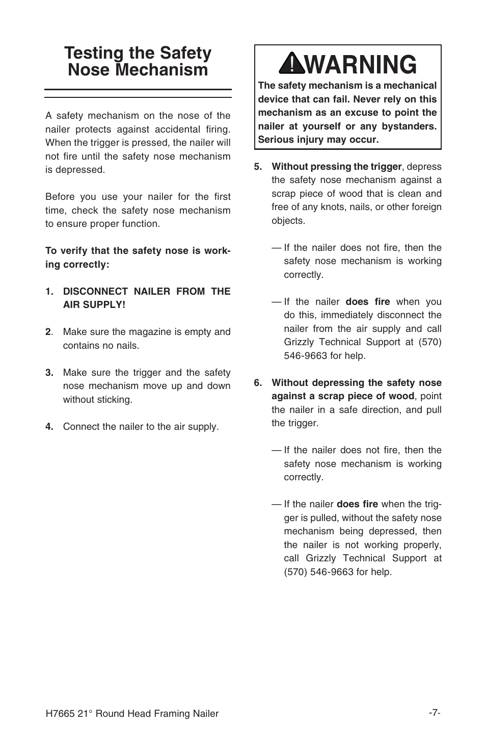 Testing the safety nose mechanism | Grizzly H7665 User Manual | Page 9 / 20