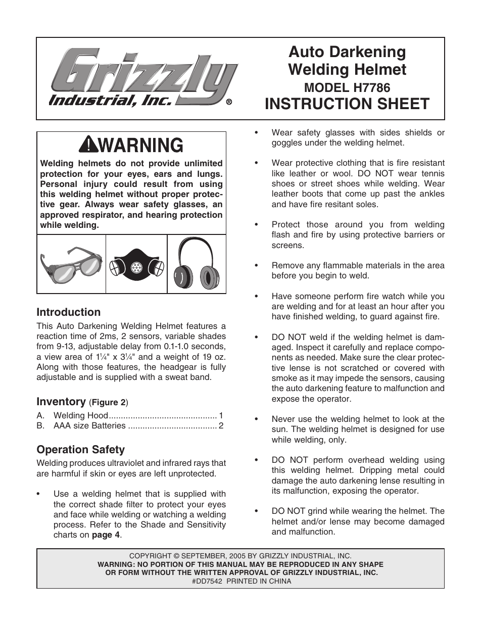 Grizzly Auto Darkening Welding Helmet DD7542 User Manual | 8 pages