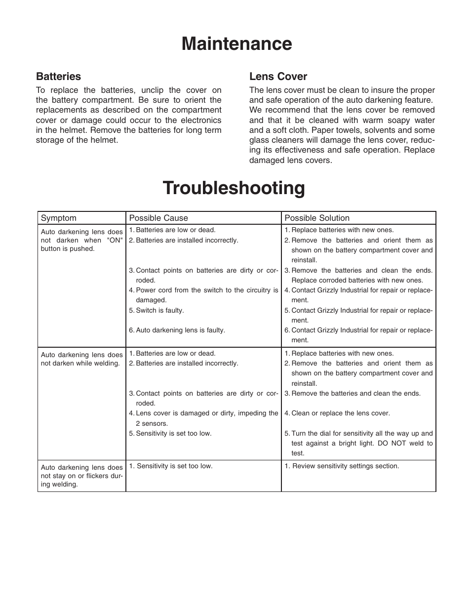 Maintenance, Troubleshooting, Batteries | Lens cover | Grizzly Auto Darkening Welding Helmet DD7542 User Manual | Page 5 / 8