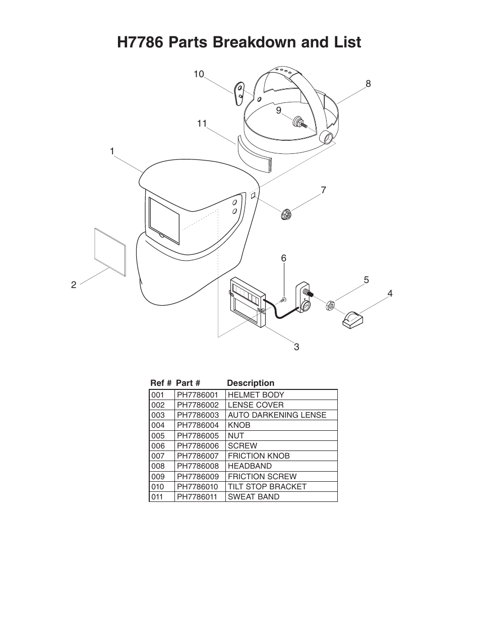 H7786 parts breakdown and list | Grizzly Auto Darkening Welding Helmet DD7542 User Manual | Page 6 / 8