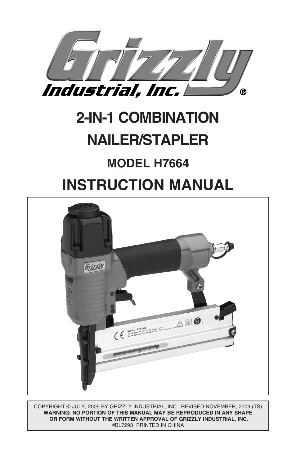 Grizzly 2-in-1 COMBINATION NAILER/STAPLER H7664 User Manual | 24 pages