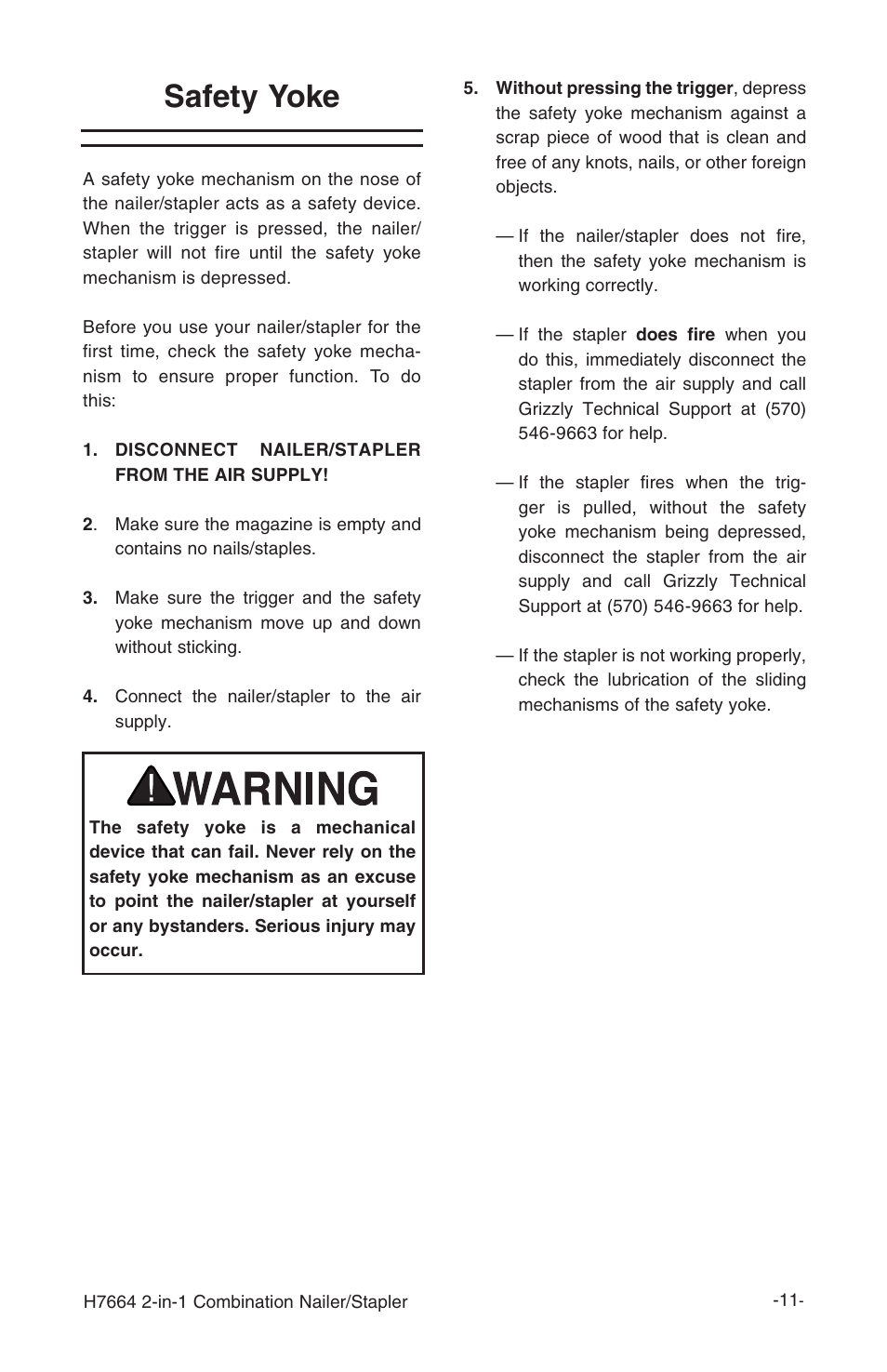 Safety yoke | Grizzly 2-in-1 COMBINATION NAILER/STAPLER H7664 User Manual | Page 11 / 24