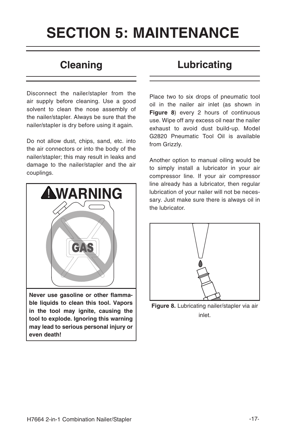 Cleaning, Lubricating | Grizzly 2-in-1 COMBINATION NAILER/STAPLER H7664 User Manual | Page 17 / 24