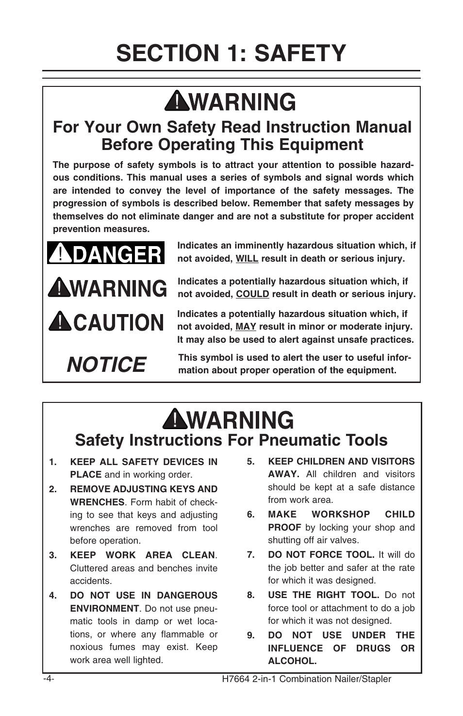 Notice, Safety instructions for pneumatic tools | Grizzly 2-in-1 COMBINATION NAILER/STAPLER H7664 User Manual | Page 4 / 24