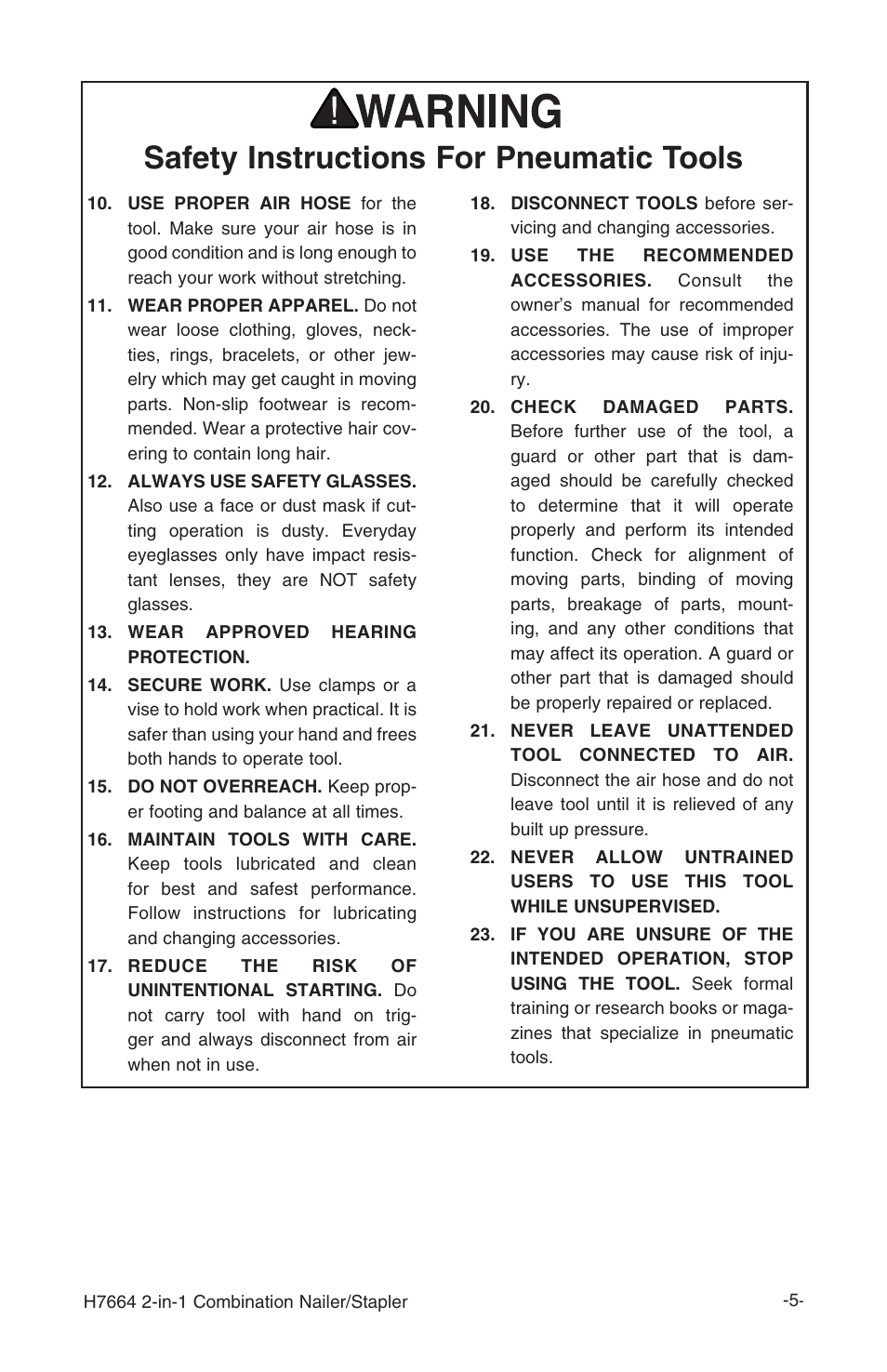 Safety instructions for pneumatic tools | Grizzly 2-in-1 COMBINATION NAILER/STAPLER H7664 User Manual | Page 5 / 24