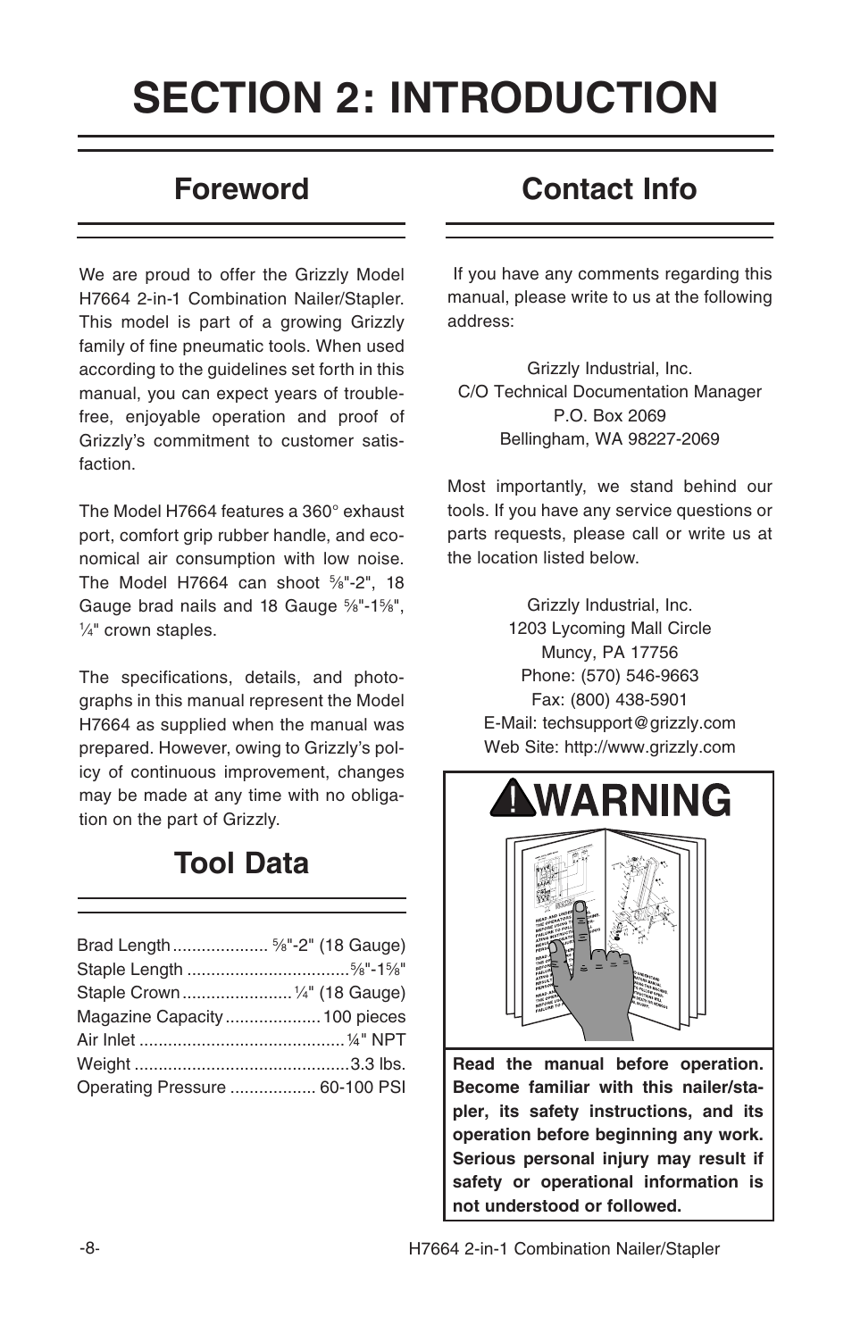Foreword contact info tool data | Grizzly 2-in-1 COMBINATION NAILER/STAPLER H7664 User Manual | Page 8 / 24
