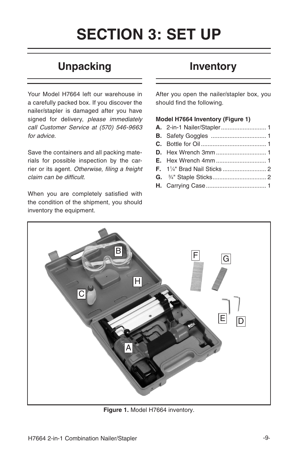Unpacking, Inventory | Grizzly 2-in-1 COMBINATION NAILER/STAPLER H7664 User Manual | Page 9 / 24