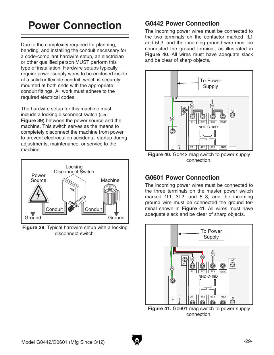 Power connection, G0442 power connection, G0601 power connection | Grizzly G0601 User Manual | Page 31 / 60