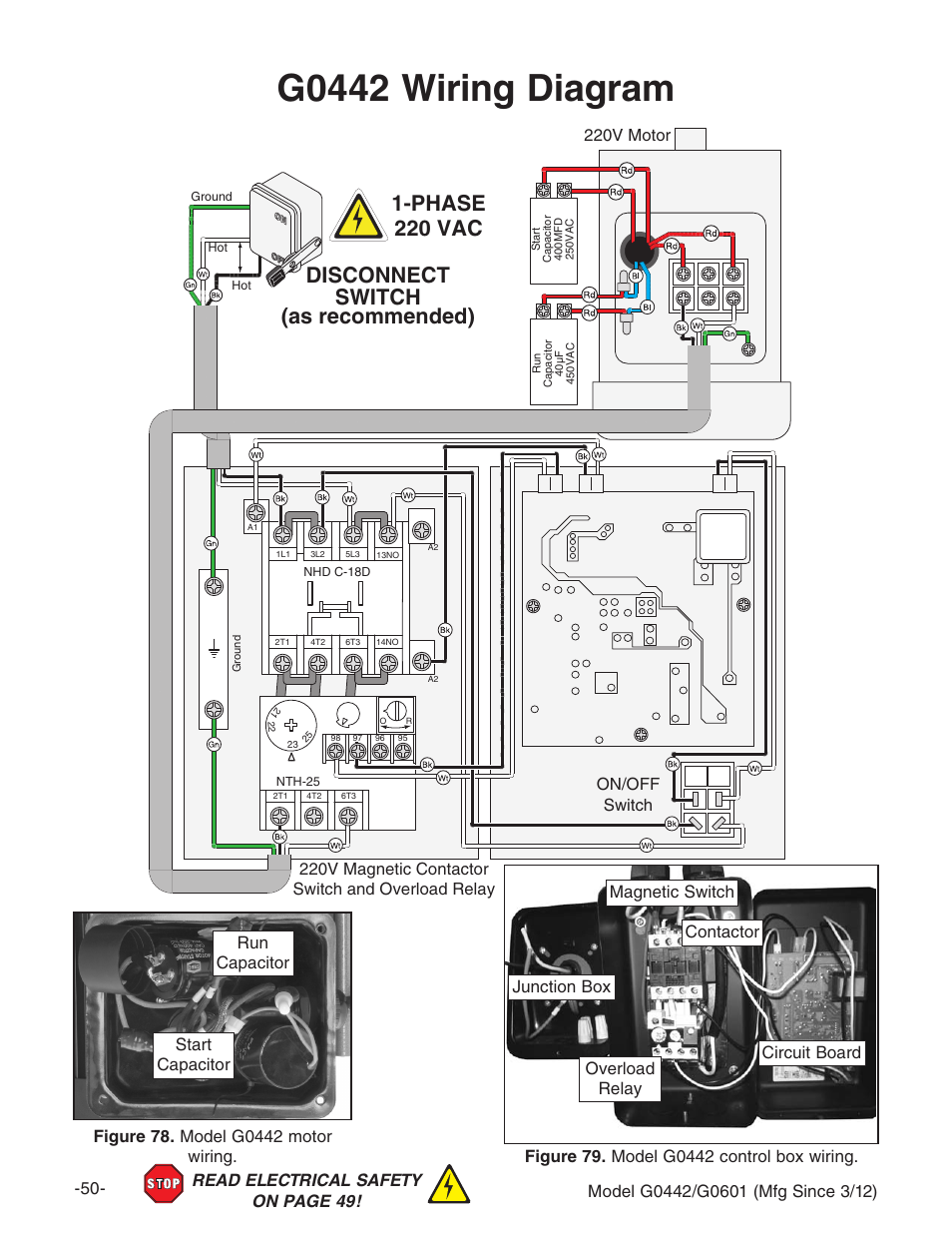 G0442 wiring diagram, Disconnect switch (as recommended) 1-phase 220 vac | Grizzly G0601 User Manual | Page 52 / 60