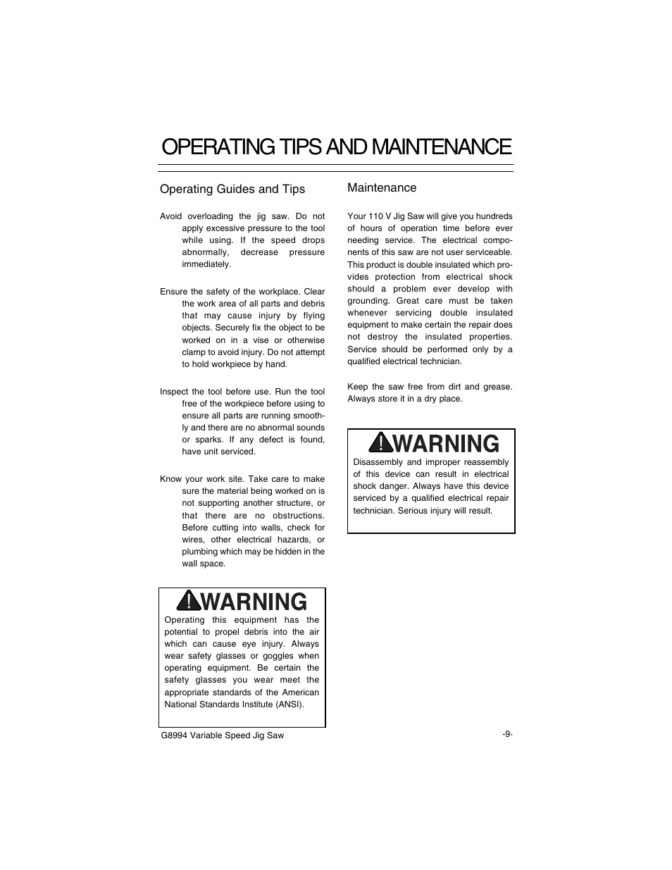 Operating tips and maintenance, Maintenance, Operating guides and tips | Grizzly G8994 User Manual | Page 11 / 14