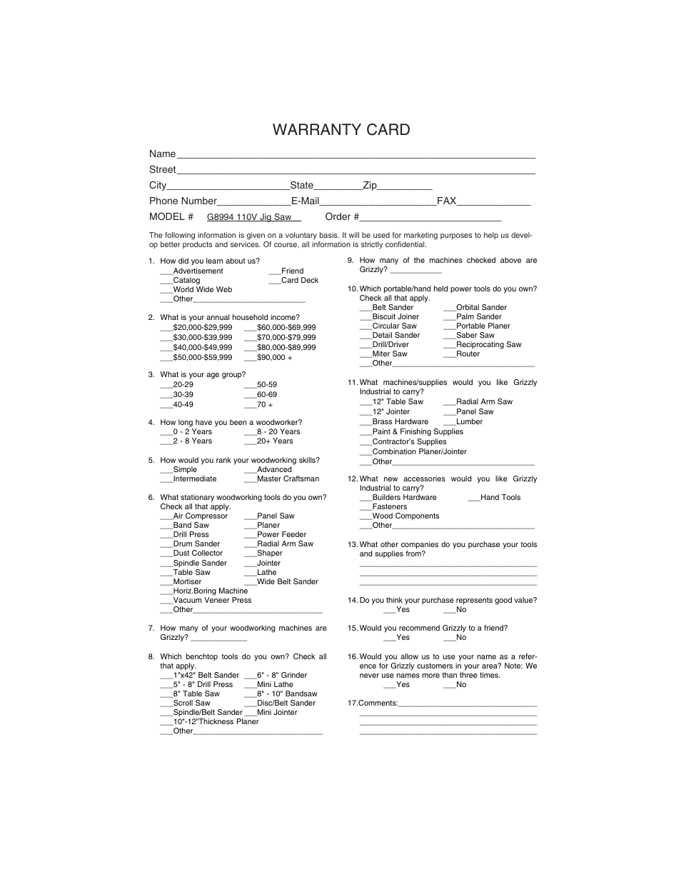 Warranty card | Grizzly G8994 User Manual | Page 13 / 14