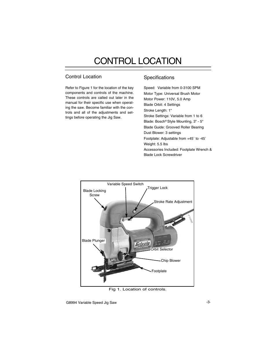 Control location, Specifications | Grizzly G8994 User Manual | Page 5 / 14