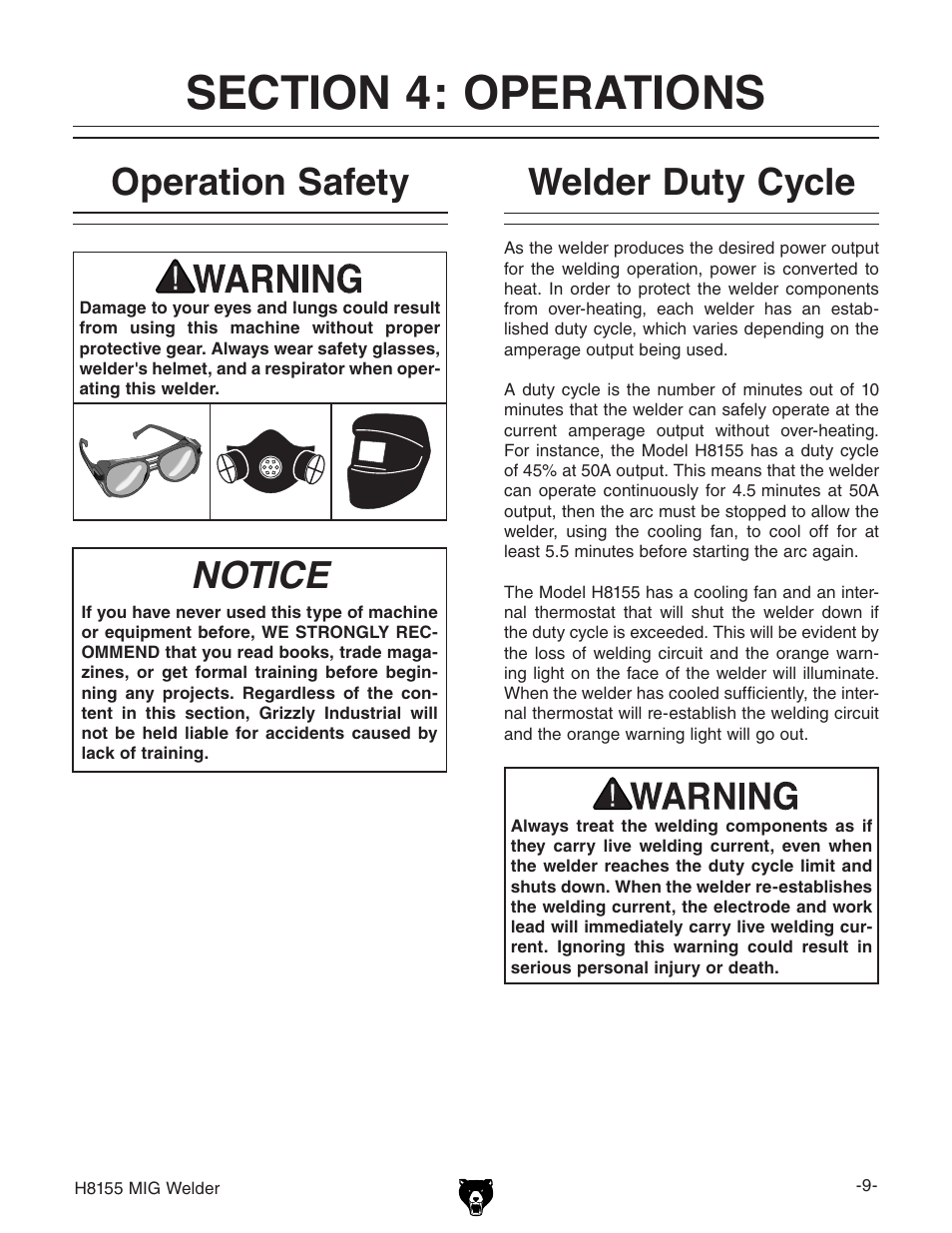 Notice, Operation safety, Welder duty cycle | Grizzly H8155 User Manual | Page 11 / 24
