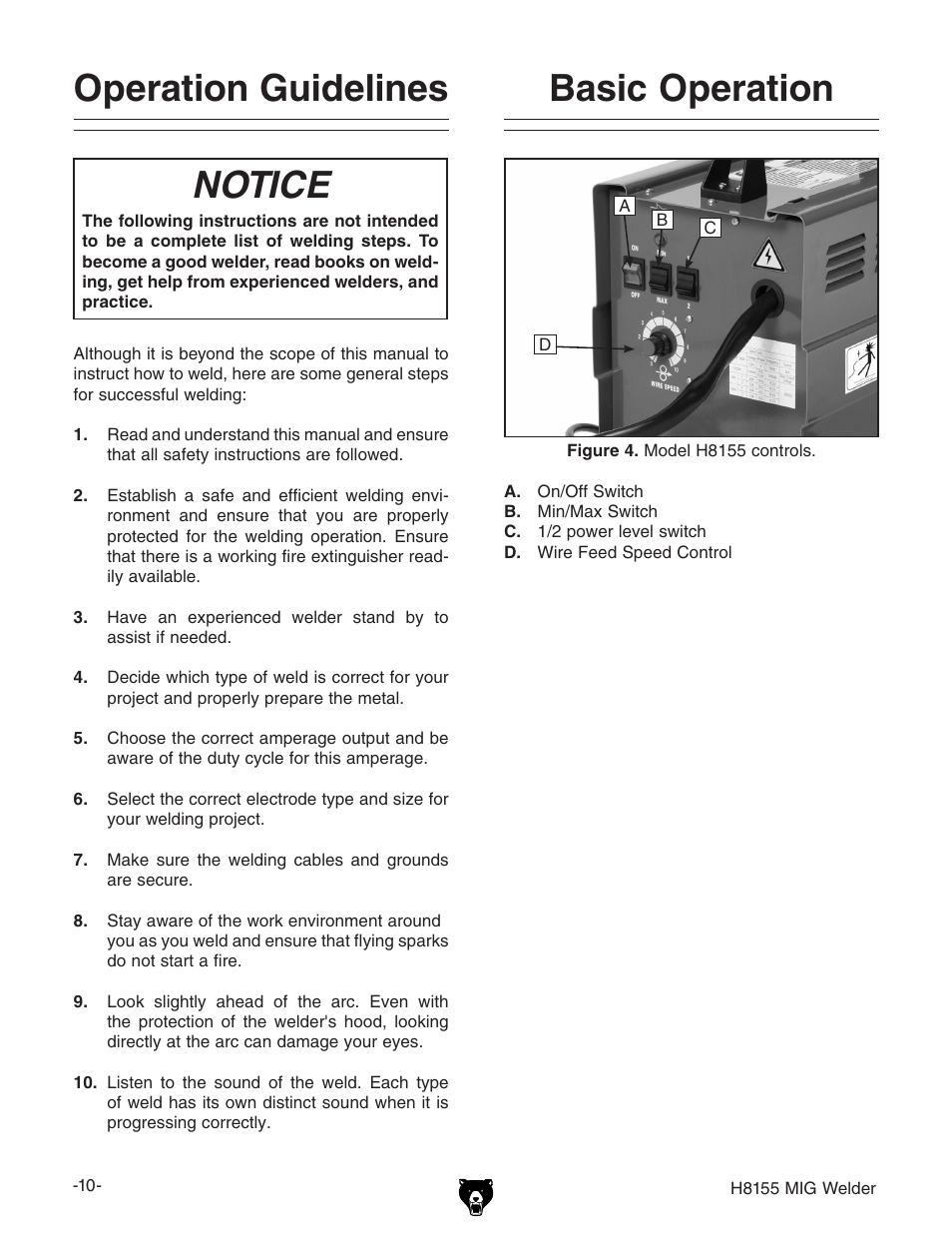 Notice, Operation guidelines basic operation | Grizzly H8155 User Manual | Page 12 / 24