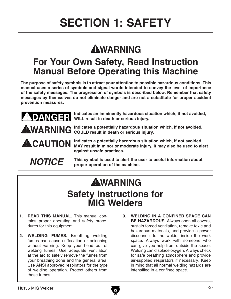 Safety instructions for mig welders | Grizzly H8155 User Manual | Page 5 / 24