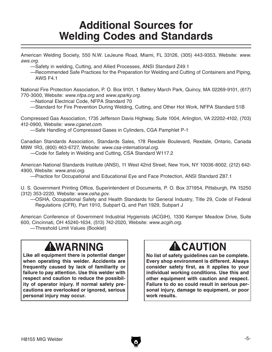 Additional sources for welding codes and standards | Grizzly H8155 User Manual | Page 7 / 24