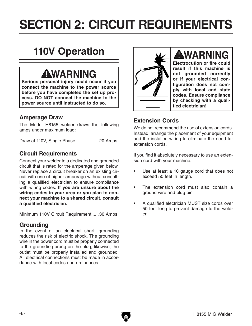 110v operation | Grizzly H8155 User Manual | Page 8 / 24