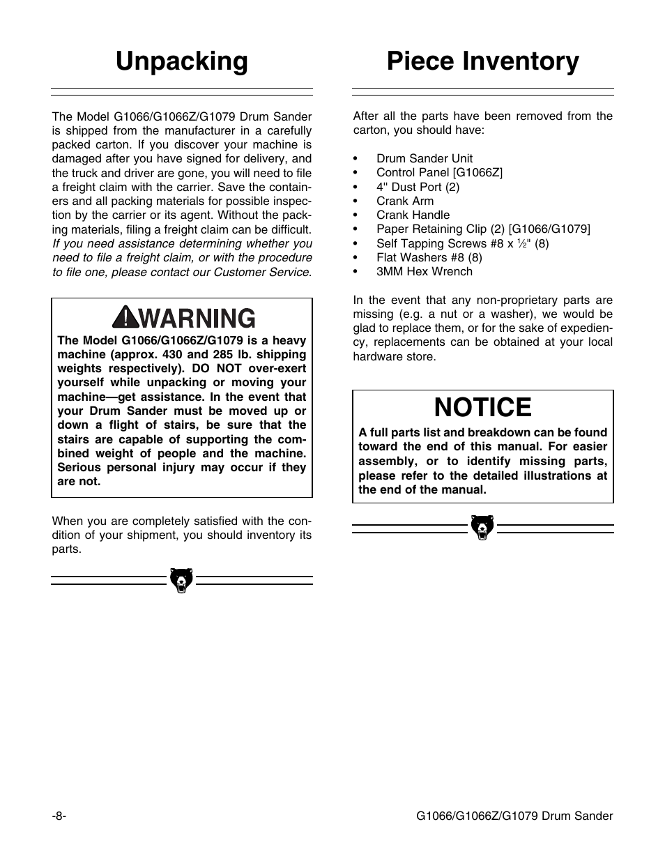 Unpacking, Piece inventory, Notice | Grizzly G1066 User Manual | Page 10 / 54