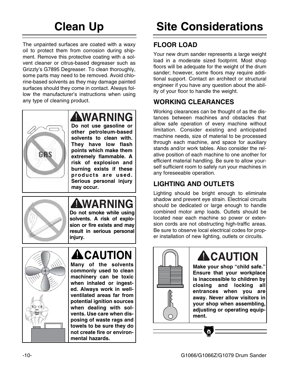 Site considerations, Clean up | Grizzly G1066 User Manual | Page 12 / 54