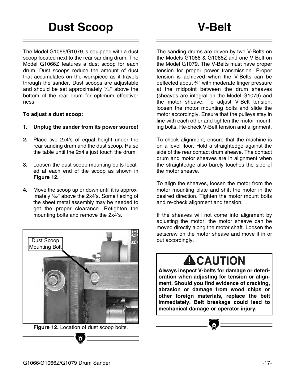 V-belt, Dust scoop | Grizzly G1066 User Manual | Page 19 / 54