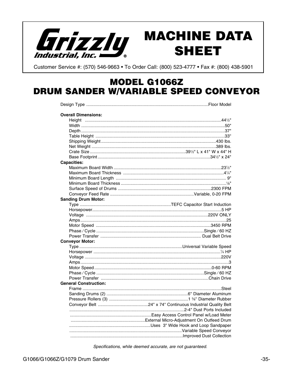 Machine data sheet, Model g1066z drum sander w/variable speed conveyor | Grizzly G1066 User Manual | Page 37 / 54